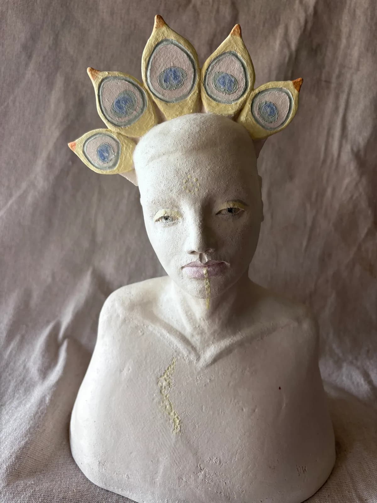 Lotus Crown — White clay, once-fired, slip & coloured engobe, sealed