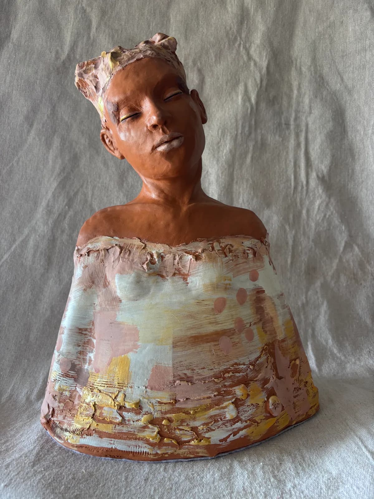 The Terracotta Queen — Terracotta clay, once-fired, slip & coloured engobe, sealed