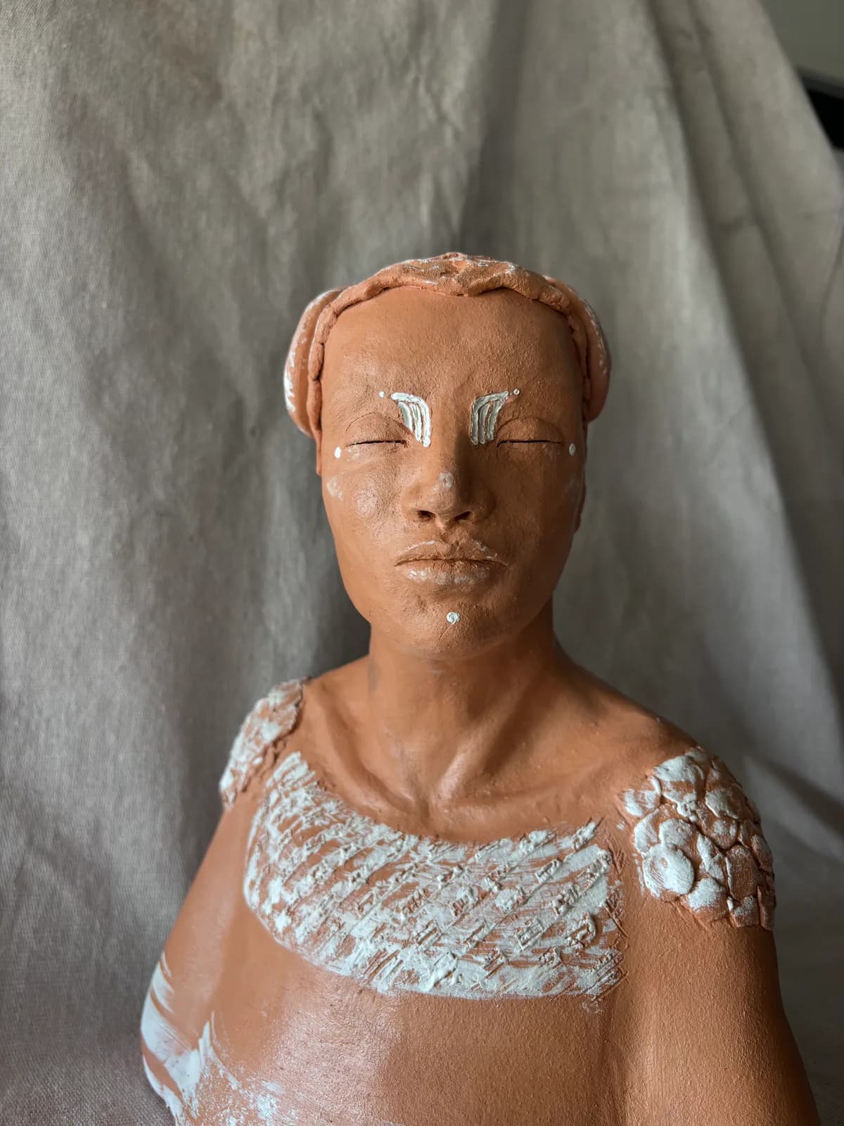 The Beaded One — White clay, once-fired, slip & coloured engobe, sealed