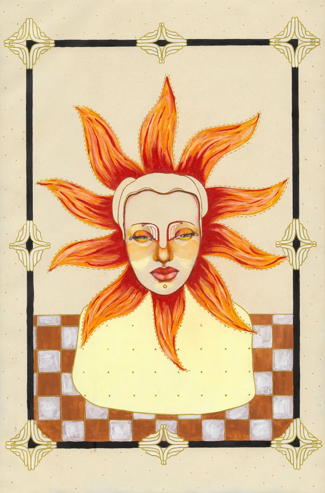 Sol — House paint, acrylic, pencil & gold pen on board