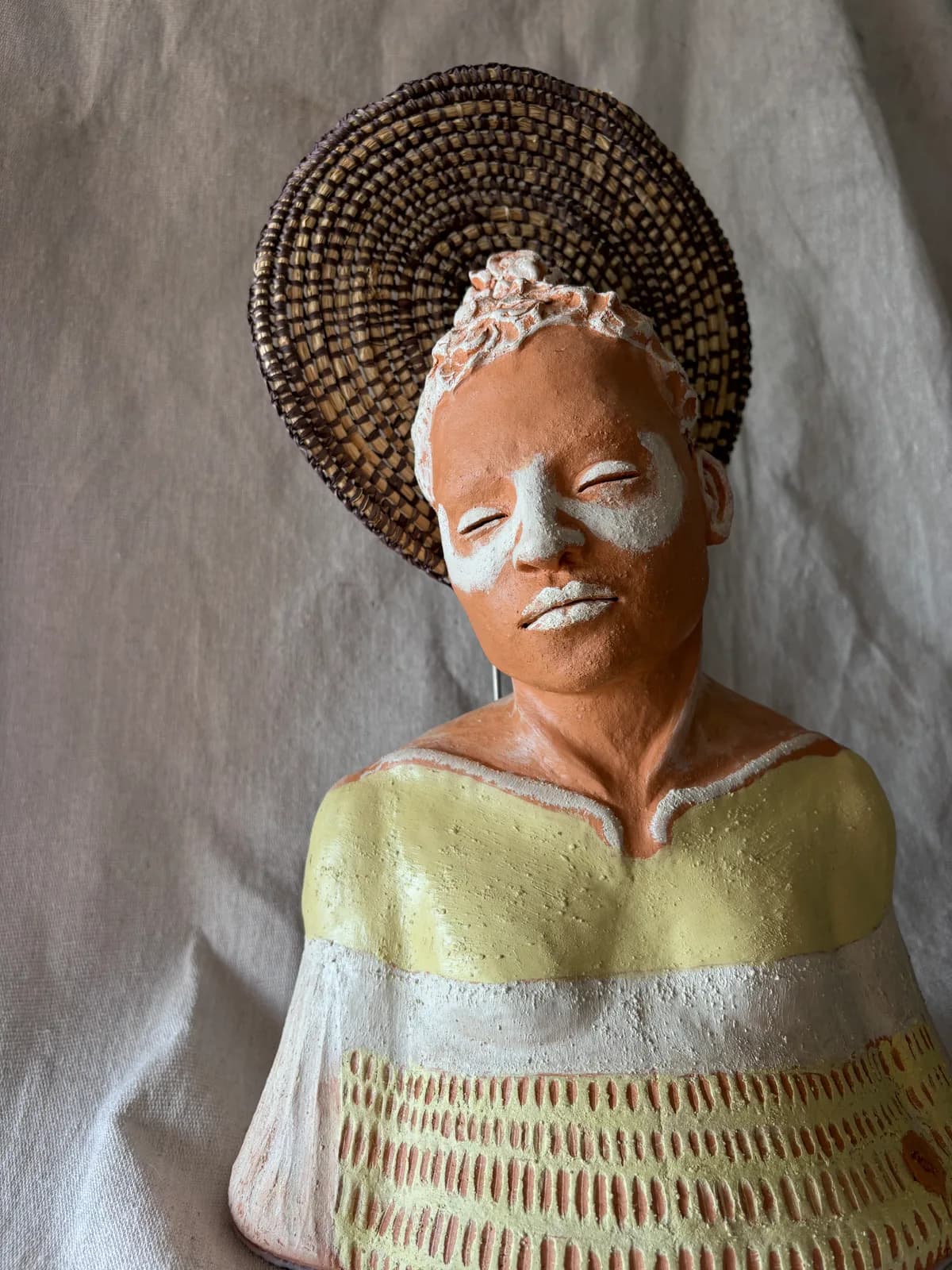 Basket Halo — White clay, once-fired, slip & coloured engobe, sealed